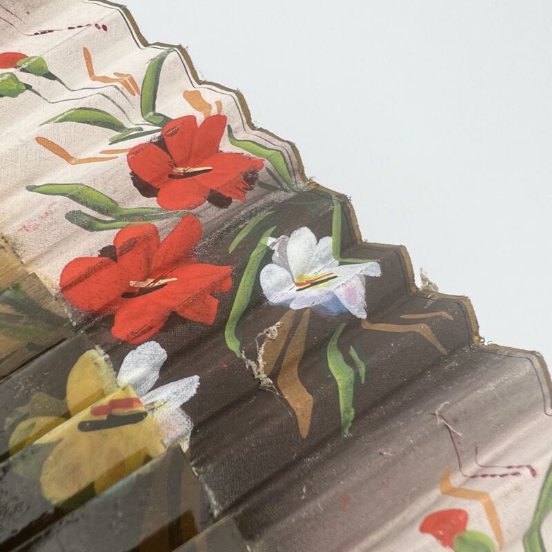 Ventaglio pieghevole Vintage Spagnolo per signora in legno stoffa dipinto fiori Categoria Ventagli
