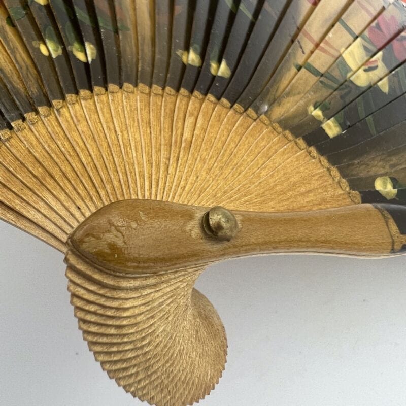 Ventaglio pieghevole Vintage Spagnolo per signora in legno stoffa dipinto fiori Categoria Ventagli
