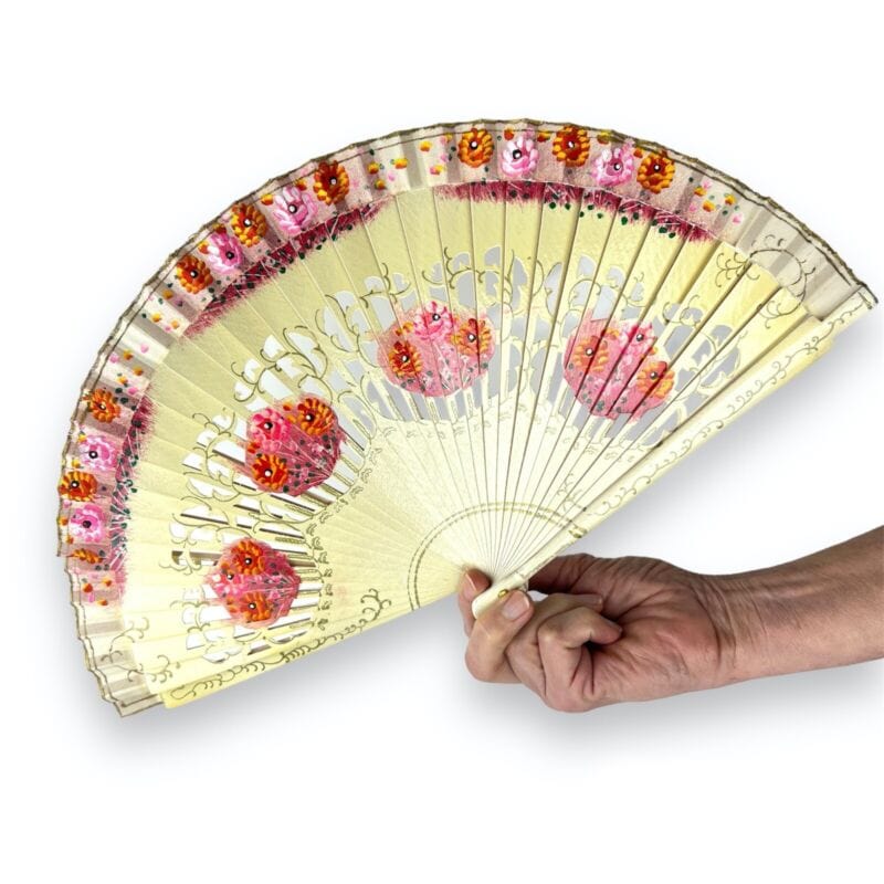 Ventaglio vintage cinese in legno marrone traforato e dipinto a mano tessuto Categoria Ventagli