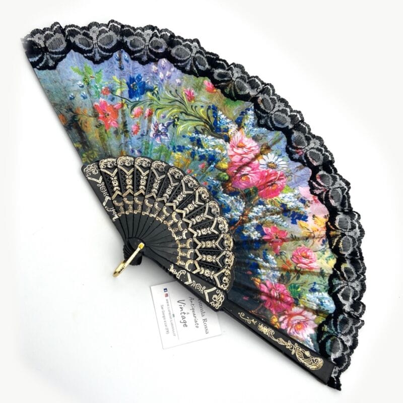 Ventaglio Vintage Elegante in stoffa nero merletto pizzo per signora ricamato 1 Categoria Ventagli