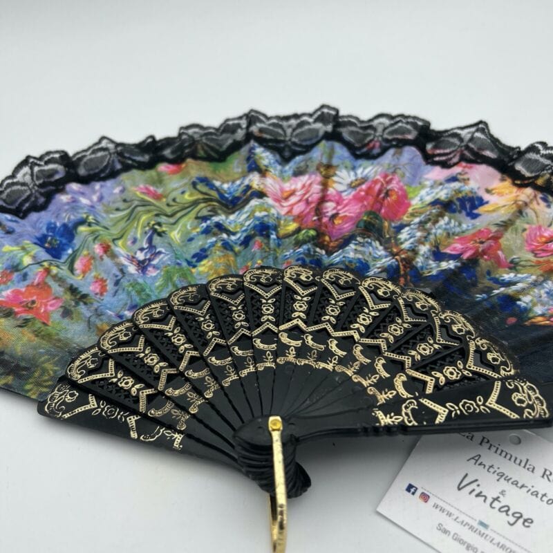 Ventaglio Vintage Elegante in stoffa nero merletto pizzo per signora ricamato 1 Categoria Ventagli
