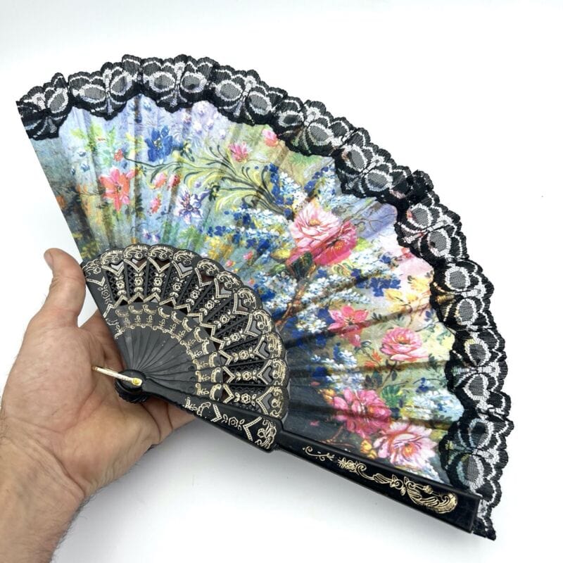 Ventaglio Vintage Elegante in stoffa nero merletto pizzo per signora ricamato 1 Categoria Ventagli