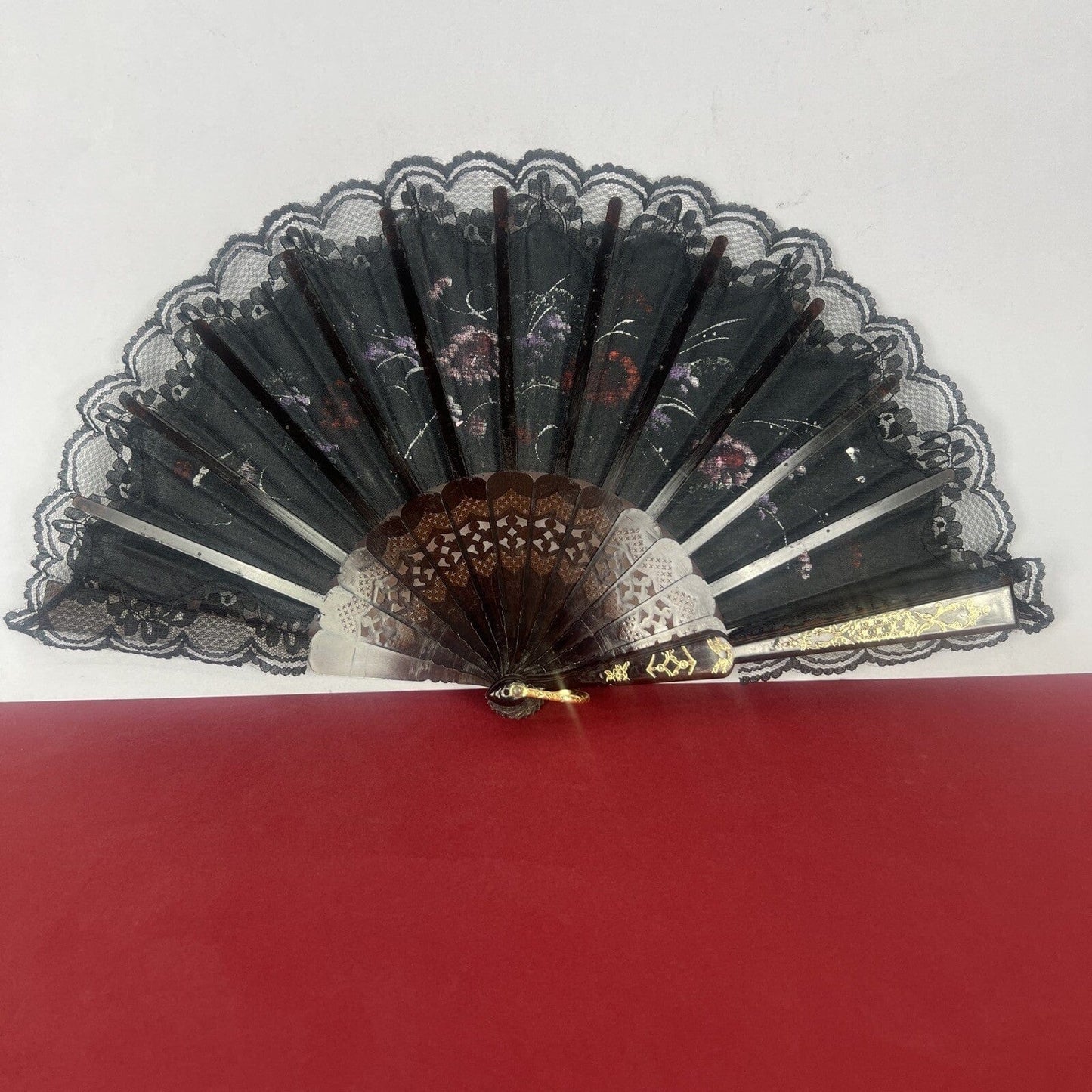 Ventaglio Vintage Elegante in stoffa nero merletto pizzo per signora ricamato 12 Categoria Ventagli