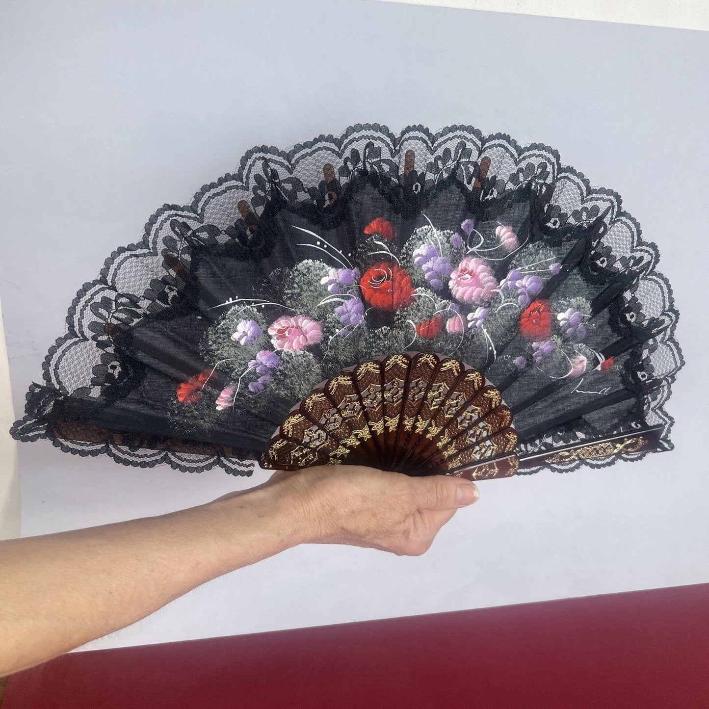 Ventaglio Vintage Elegante in stoffa nero merletto pizzo per signora ricamato 12 Categoria Ventagli