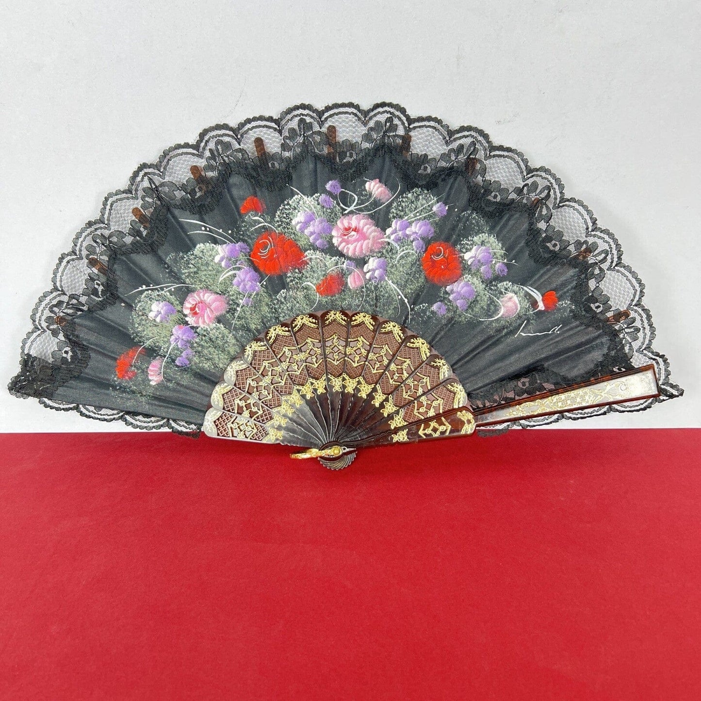 Ventaglio Vintage Elegante in stoffa nero merletto pizzo per signora ricamato 12 Categoria Ventagli