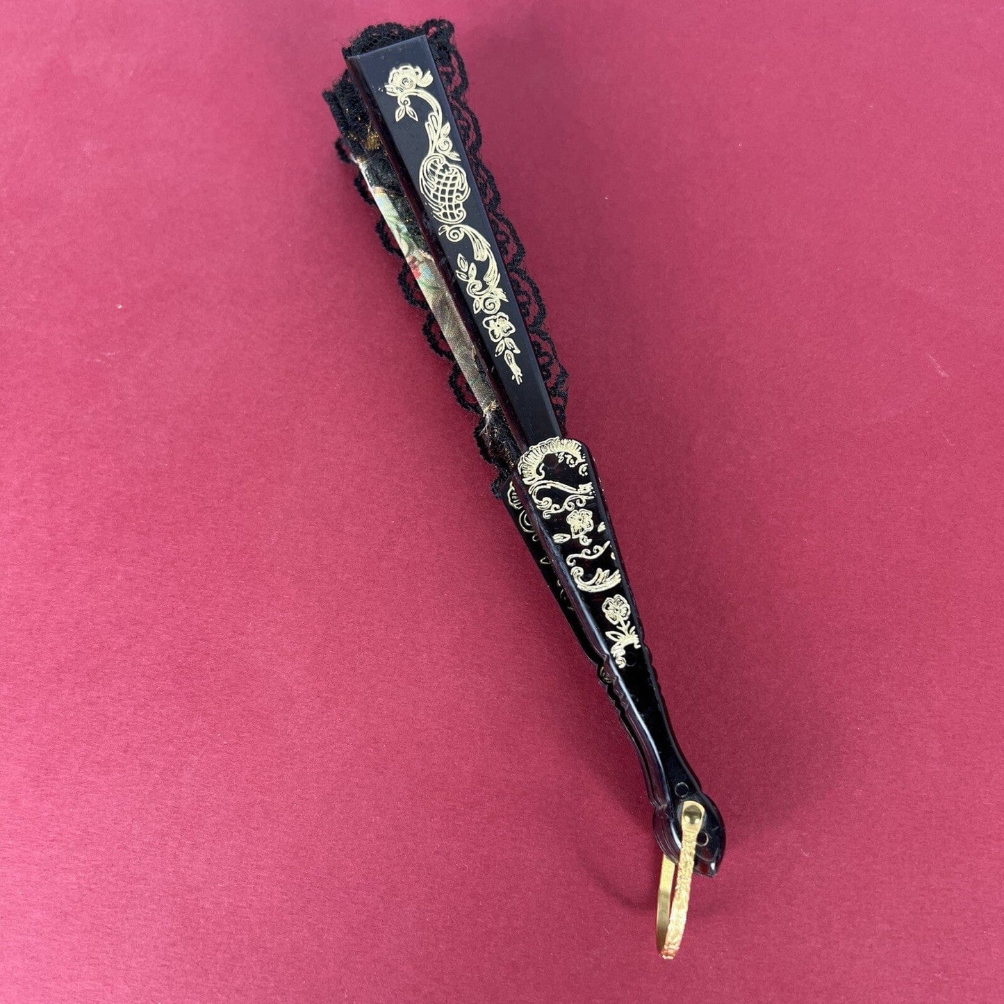 Ventaglio vintage spagnolo Nero in pizzo per signora traforato dipinto Flamenco Categoria Ventagli