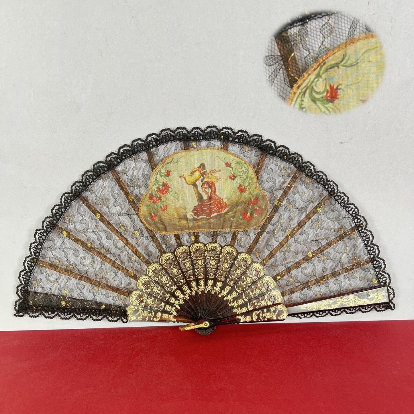 Ventaglio vintage spagnolo Nero in pizzo per signora traforato dipinto Flamenco Categoria Ventagli