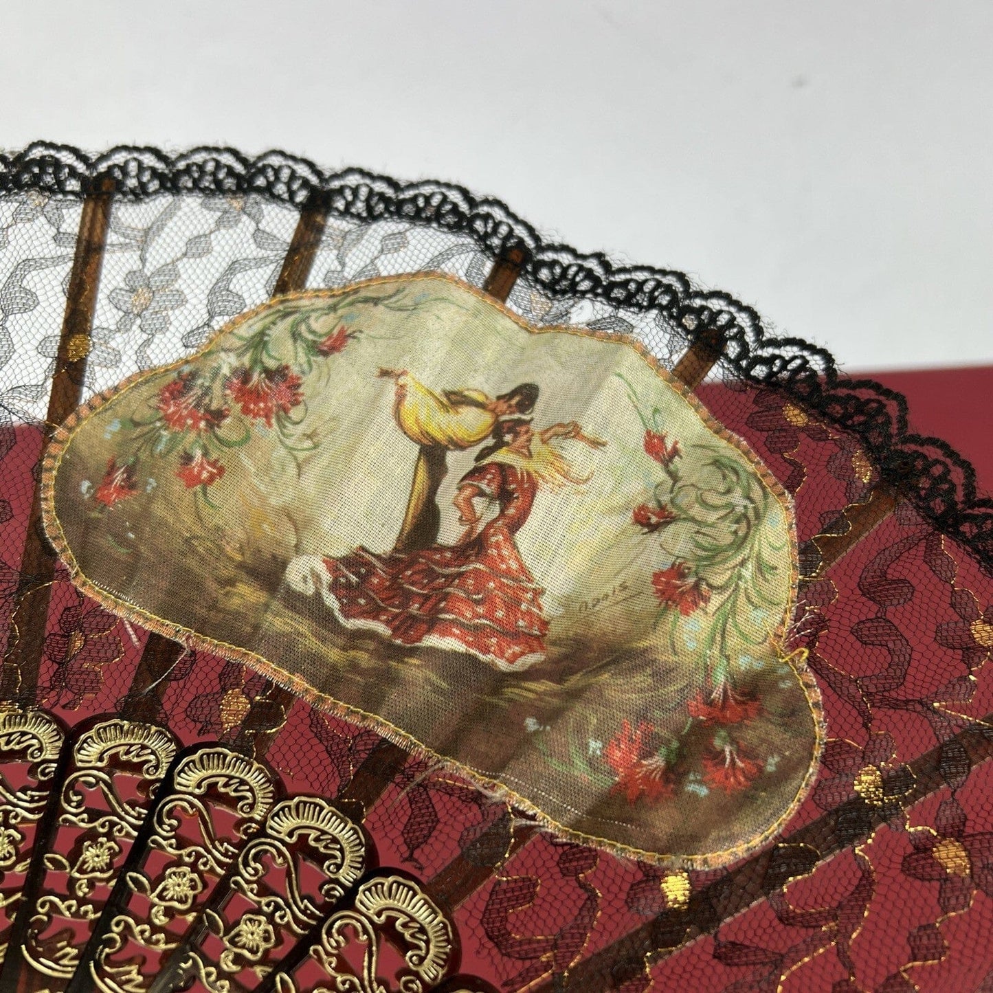 Ventaglio vintage spagnolo Nero in pizzo per signora traforato dipinto Flamenco Categoria Ventagli
