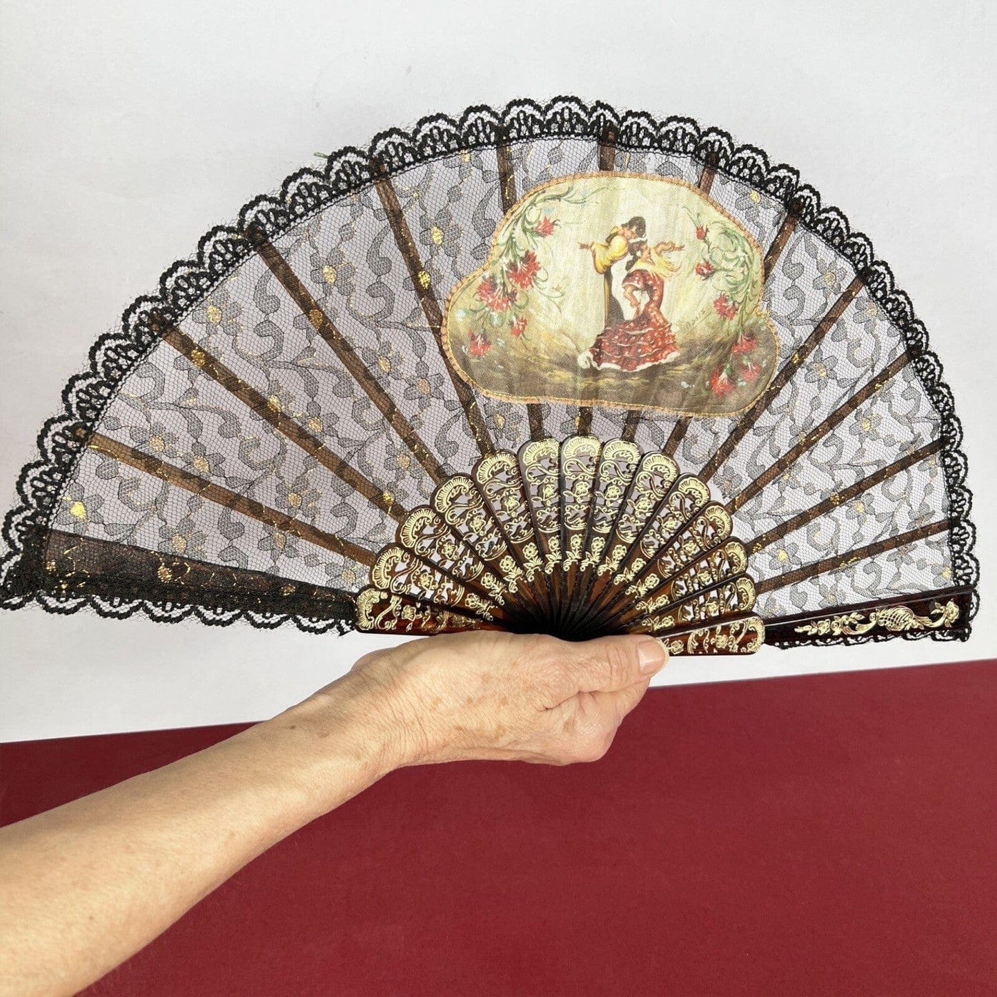 Ventaglio vintage spagnolo Nero in pizzo per signora traforato dipinto Flamenco Categoria Ventagli