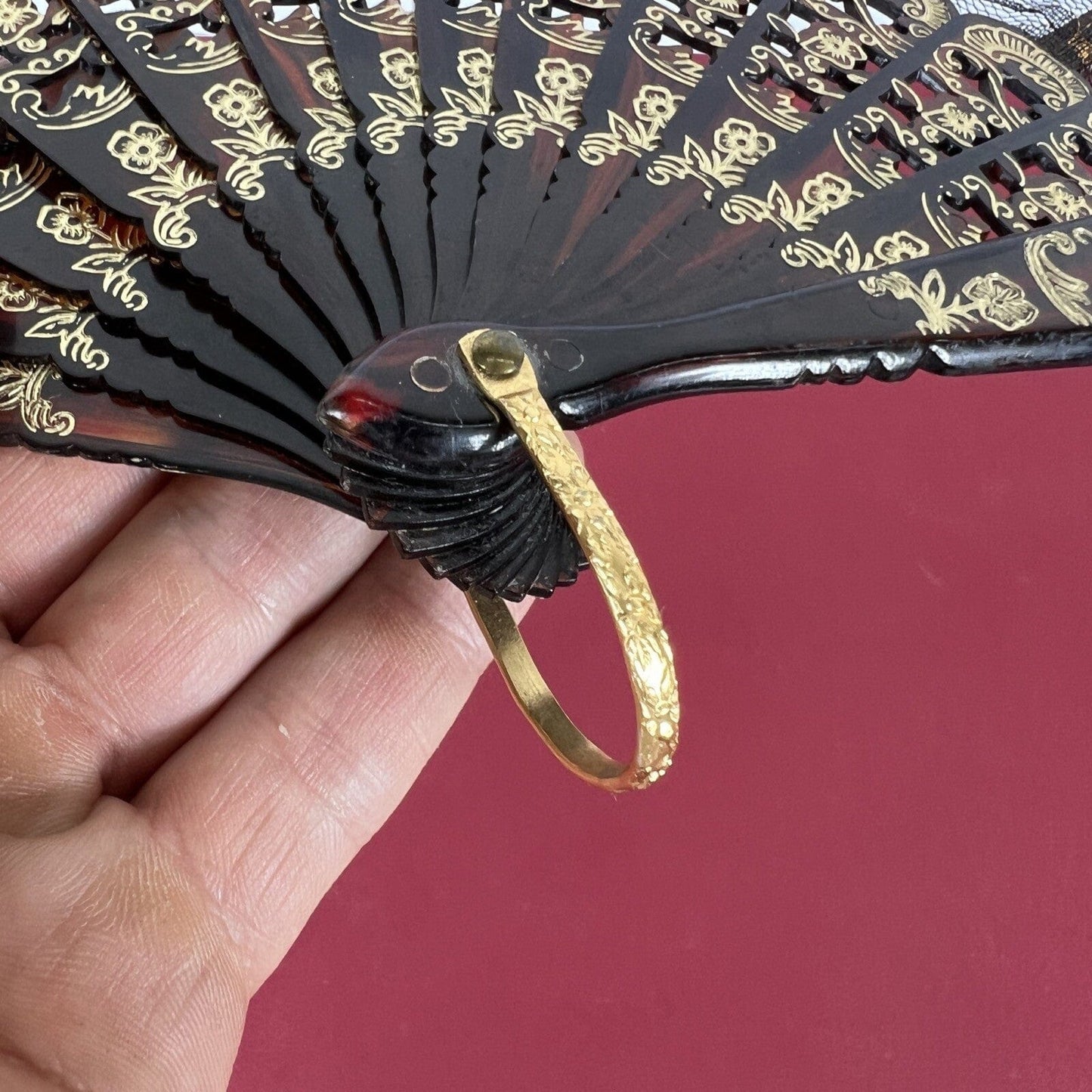 Ventaglio vintage spagnolo Nero in pizzo per signora traforato dipinto Flamenco Categoria Ventagli