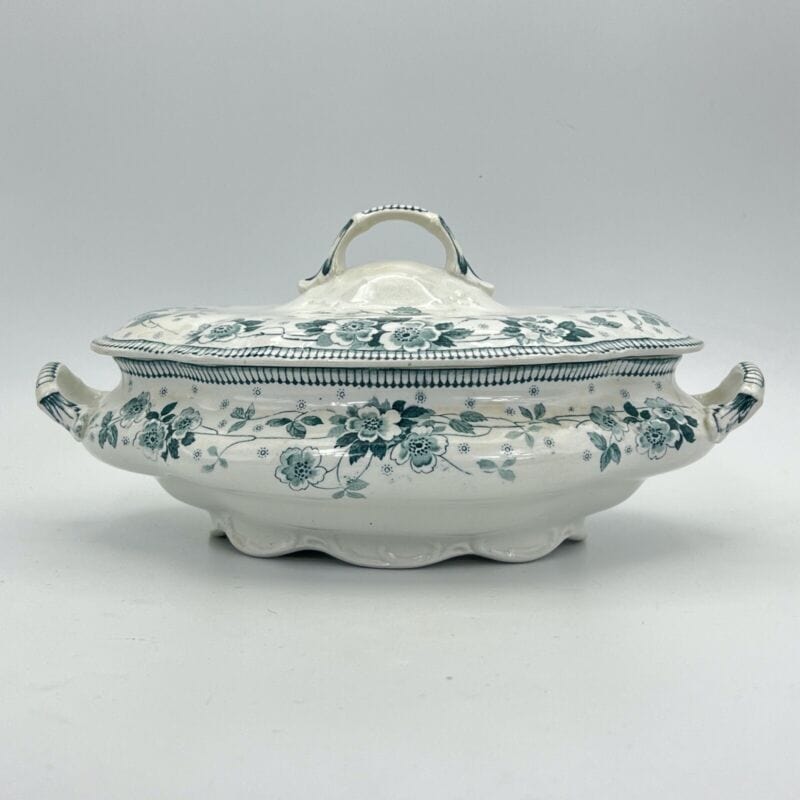 Zuppiera antica inglese in ceramica Legumiera d'epoca Art Nouveau bianca verde Categoria Zuppiere