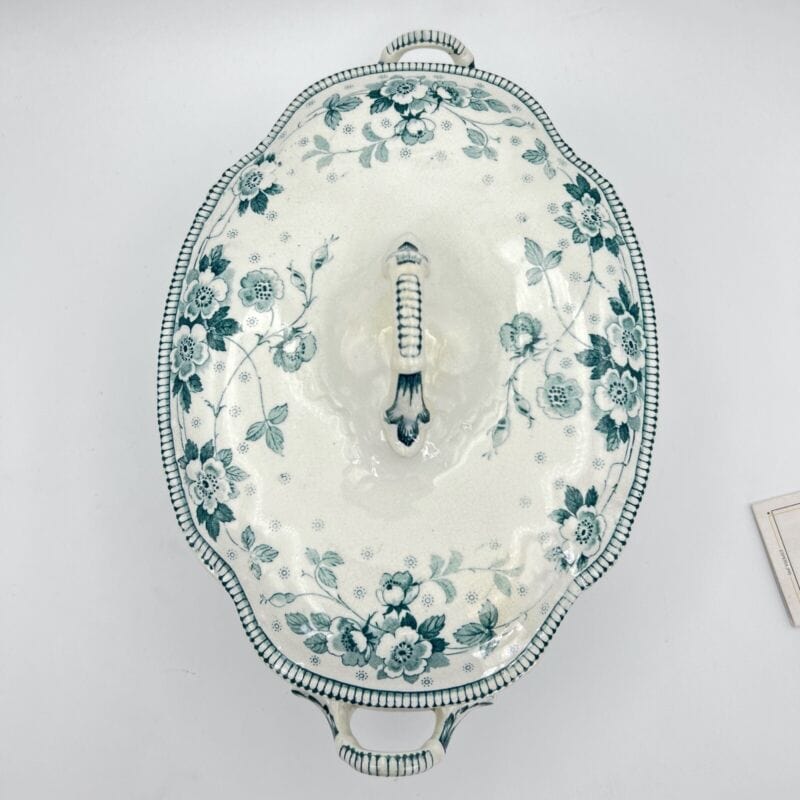 Zuppiera antica inglese in ceramica Legumiera d'epoca Art Nouveau bianca verde Categoria Zuppiere
