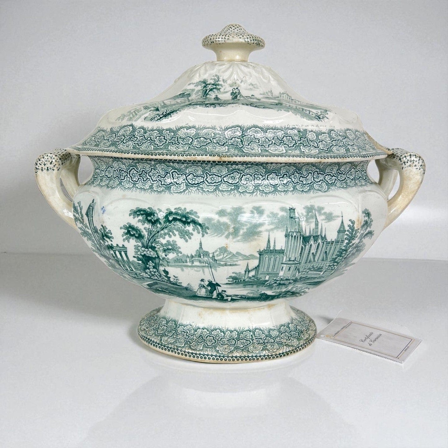 Zuppiera antica inglese in ceramica Legumiera epoca 800 Vittoriana bianca verde Categoria Zuppiere