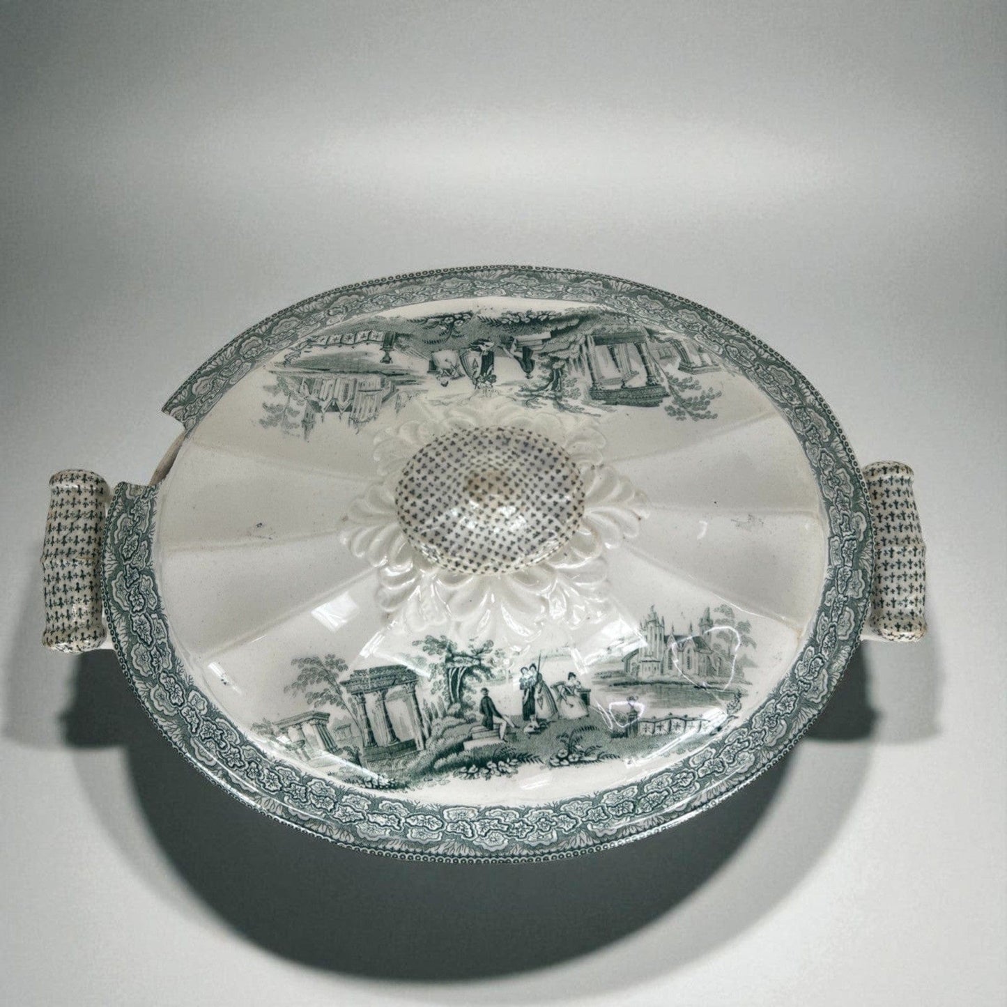 Zuppiera antica inglese in ceramica Legumiera epoca 800 Vittoriana bianca verde Categoria Zuppiere