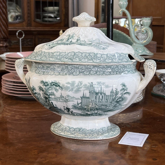 Zuppiera antica inglese in ceramica Legumiera epoca 800 Vittoriana bianca verde Categoria Zuppiere