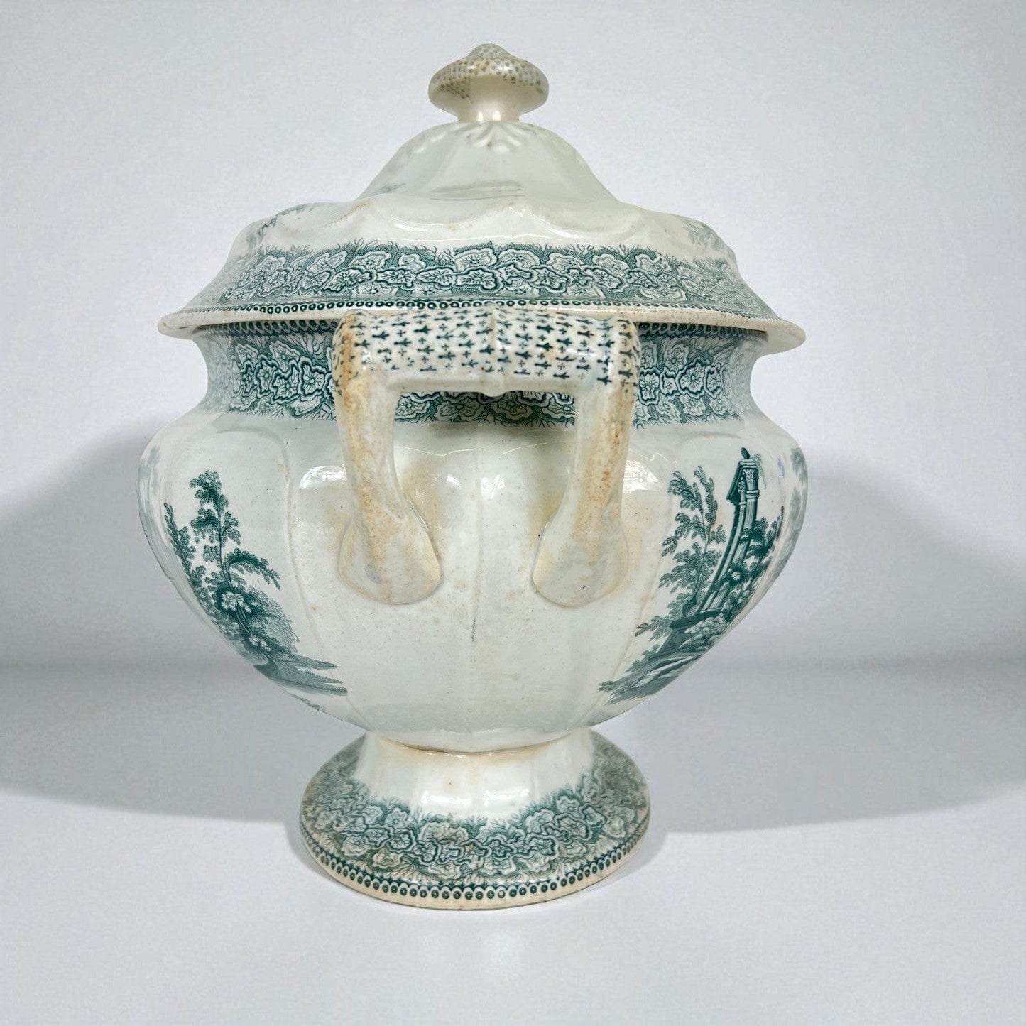 Zuppiera antica inglese in ceramica Legumiera epoca 800 Vittoriana bianca verde Categoria Zuppiere