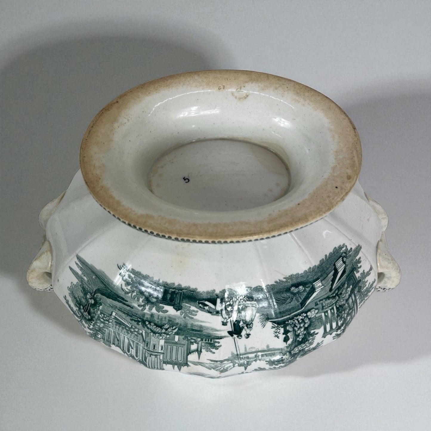 Zuppiera antica inglese in ceramica Legumiera epoca 800 Vittoriana bianca verde Categoria Zuppiere