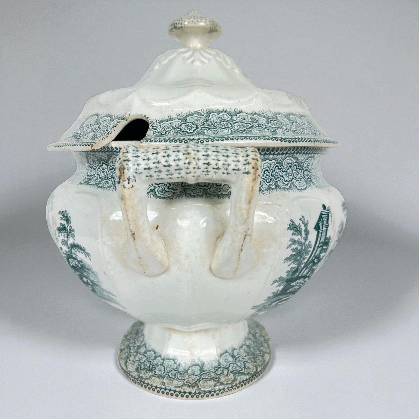 Zuppiera antica inglese in ceramica Legumiera epoca 800 Vittoriana bianca verde Categoria Zuppiere