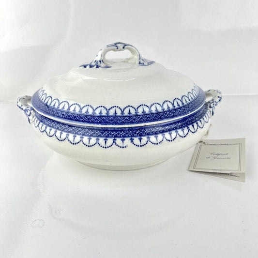 Zuppiera antica inglese in ceramica vecchia legumiera d'epoca bianca blu 900 Categoria Ceramiche e Porcellane