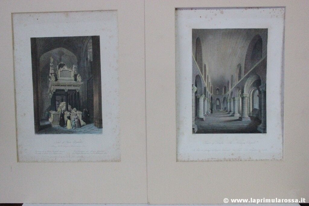 2 INCISIONI INGLESI ANTICHE OLD THE NORMAN CHAPPEL TOMB OF QUEEN ELIZABETH PRINT Stampe e Incisioni