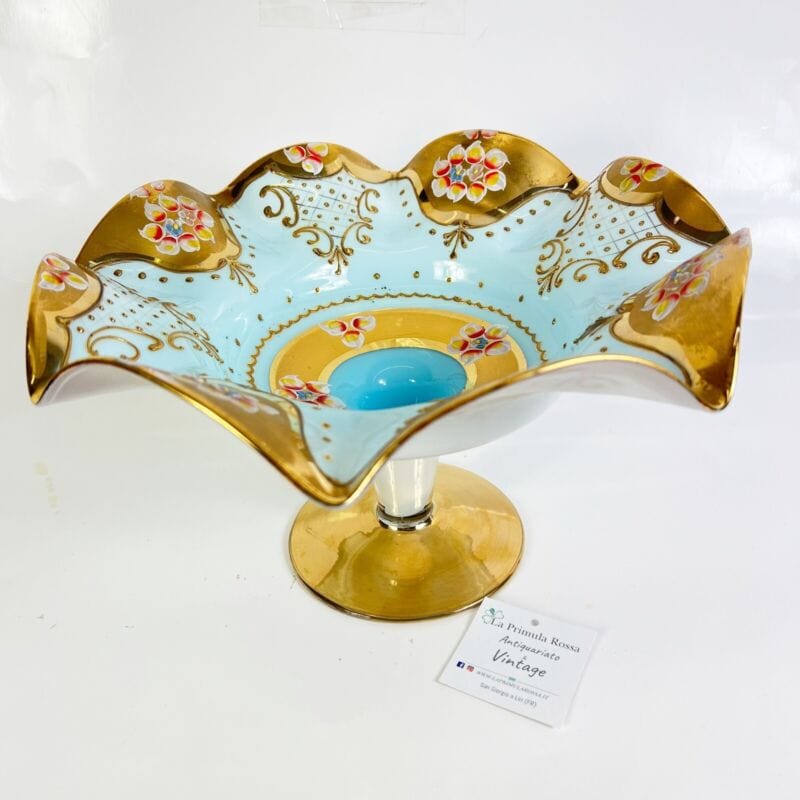 Antica Alzata in vetro di Murano vintage Centrotavola opaline oro dipinto fiori Vetri e Cristalli
