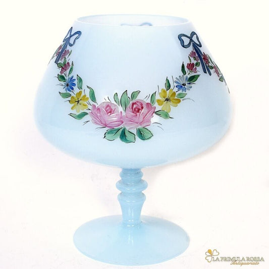 Antica Coppa in vetro opaline liberty vaso celeste centrotavola dipinto vintage Vetri e Cristalli