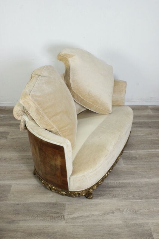 Antica divano salotto due posti art deco divanetto beige vintage in legno noce Arredamento