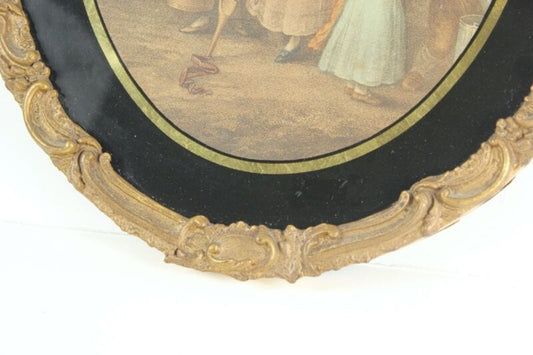 Antica incisione stampa quadro 800 rotondo con cornice ovale legno oro e nero Stampe e Incisioni