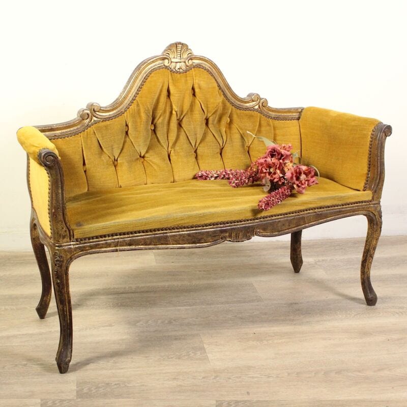 Antica Panchetta dormeuse imbottita gialla divanetto vintage legno oro due posti Arredamento