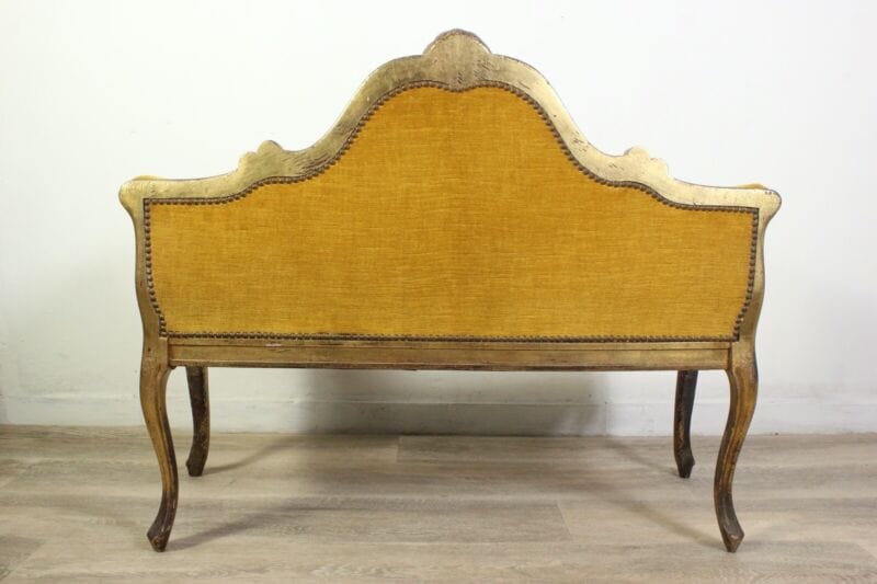 Antica Panchetta dormeuse imbottita gialla divanetto vintage legno oro due posti Arredamento