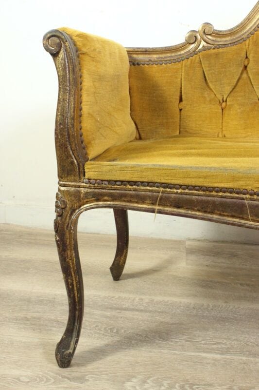 Antica Panchetta dormeuse imbottita gialla divanetto vintage legno oro due posti Arredamento