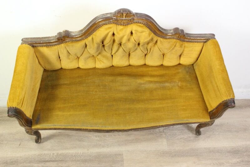 Antica Panchetta dormeuse imbottita gialla divanetto vintage legno oro due posti Arredamento