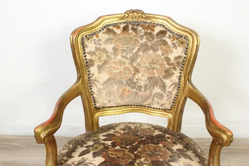 Antica sedia con braccioli poltroncina in legno oro stile Luigi XVI Barocco Arredamento