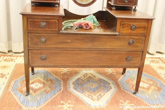 ANTICA TOILETTE INGLESE IN MOGANO L.cm114 - CASSETTIERA PRIMI 900 CON SPECCHIO Arredamento