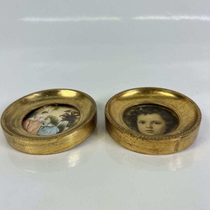 Antichi quadretti in miniatura quadri stampe vintage cornice rotonda legno oro Quadri