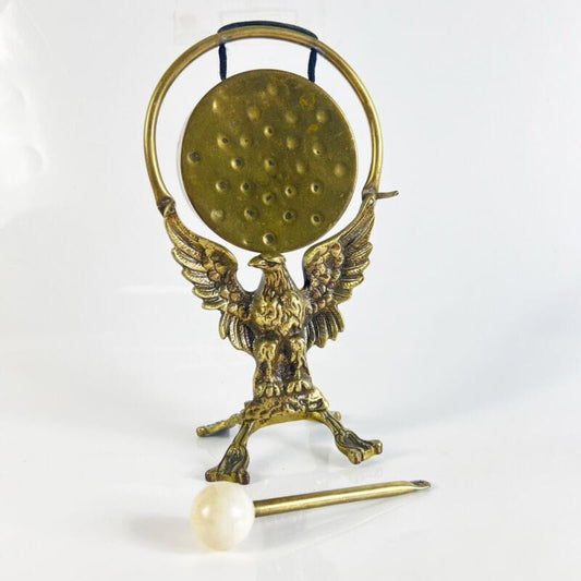 Antico Gong da cena in ottone e legno campana tavolo vintage Aquila 900 Inglese Ottone