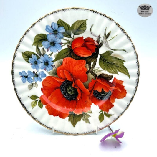 Antico piatto inglese decorativo in porcellana dipinto a mano fiori papaveri Ceramiche e Porcellane