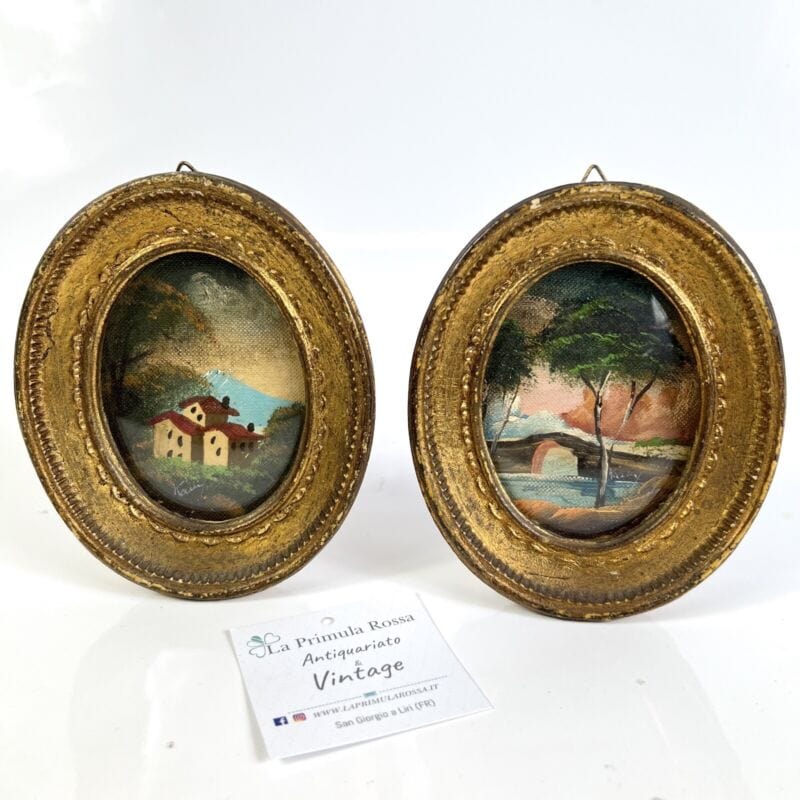 Antico quadretto coppia di quadri ovali oro vintage miniature dipinto firmato Quadri