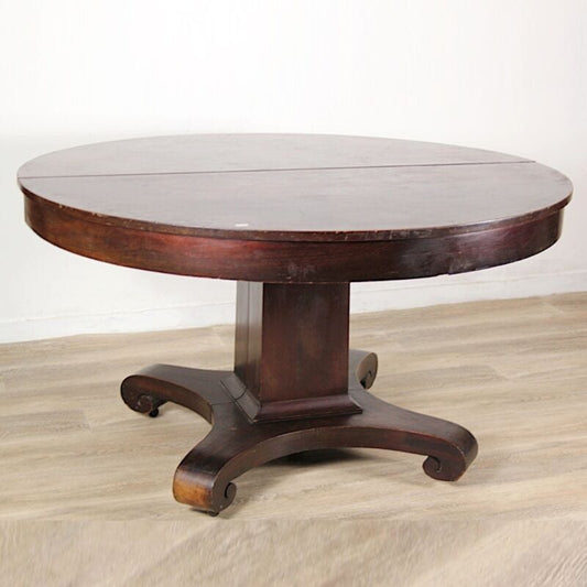 Antico tavolo allungabile da pranzo rotondo in legno di mogano epoca 800 America Arredamento