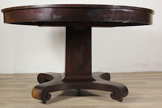 Antico tavolo allungabile da pranzo rotondo in legno di mogano epoca 800 America Arredamento