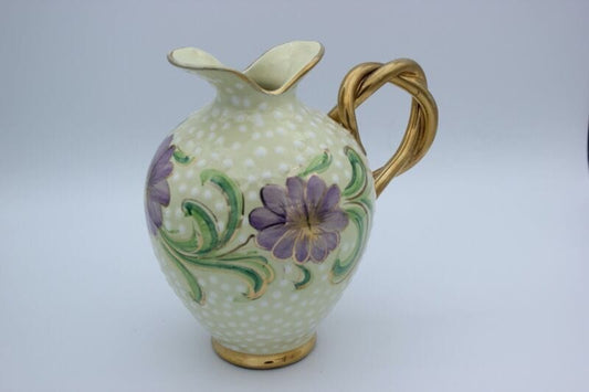 Antico Vaso in ceramica puntinata portafiori vintage fiori lilla con manico oro Vetri e Cristalli