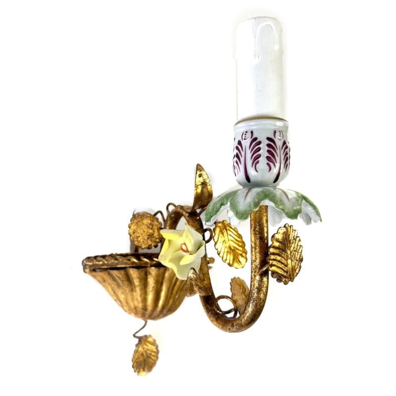 Applique antico stile liberty Lampada dorata da parete metallo oro e porcellana Lampade Appliques