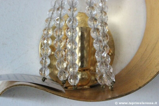 APPLIQUE VINTAGE IN FOGLIA ORO E CRISTALLO LAMPADA DA PARETE ITALIAN WALL SCONE Lampade Appliques