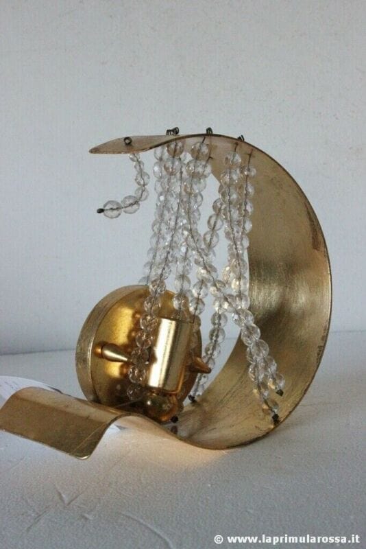 APPLIQUE VINTAGE IN FOGLIA ORO E CRISTALLO LAMPADA DA PARETE ITALIAN WALL SCONE Lampade Appliques