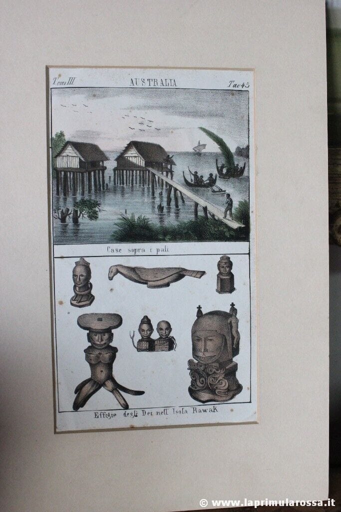 AUSTRALIA LITOGRAFIA ANTICA CASE SOPRA I PALI EFFIGIE DEGLI DEI ISOLA RAWAK Stampe e Incisioni