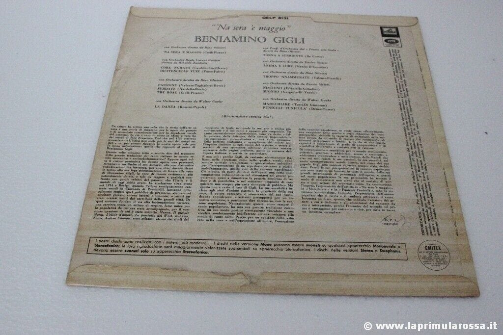 BENIAMINO GIGLI 'NA SERA 'E MAGGIO LA VOCE DEL PADRONE 1957 -8131- VINILE ITALY Dischi in Vinile