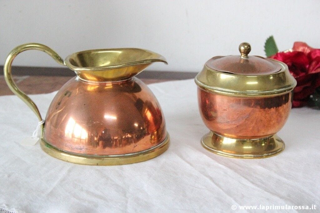 BRICCO D'EPOCA IN RAME E OTTONE + ZUCCHERIERA H10 VINTAGE COPPER JUG +SUGAR BOWL Ottone