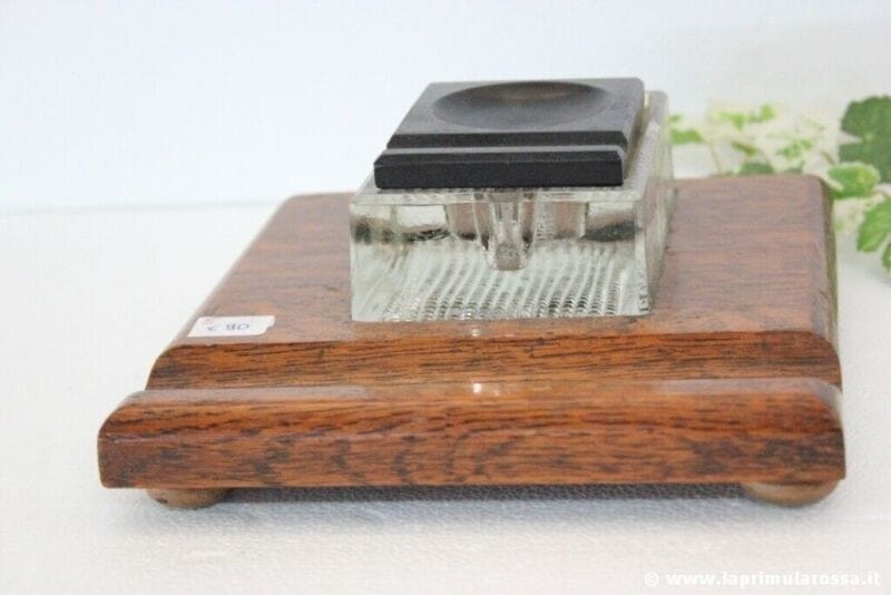 CALAMAIO ANTICO IN VETRO BASE LEGNO DA SCRIVANIA - VINTAGE WOODEN GLASS INKWELL Complementi d'arredo