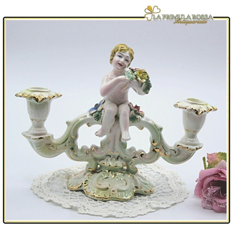 CANDELABRO ANTICO IN CERAMICA CANDELIERE A DUE FIAMME VINTAGE CHERUBINO PUTTI Ceramiche e Porcellane