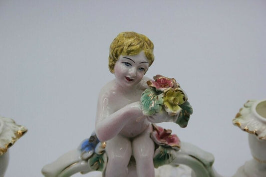 CANDELABRO ANTICO IN CERAMICA CANDELIERE A DUE FIAMME VINTAGE CHERUBINO PUTTI Ceramiche e Porcellane